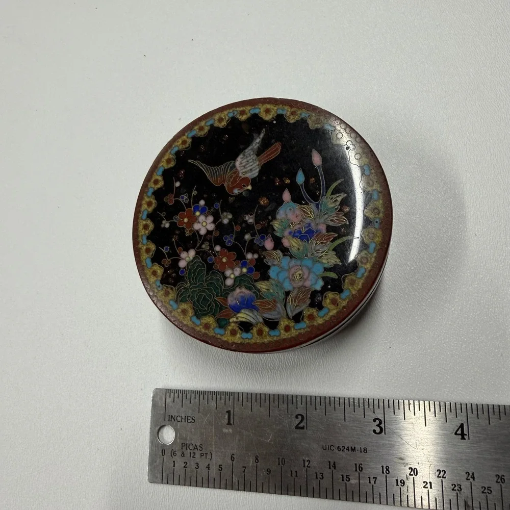 Vintage Chinese Cloisonne Enamel Trinket Box Bird Floral Black Blue Brass Round